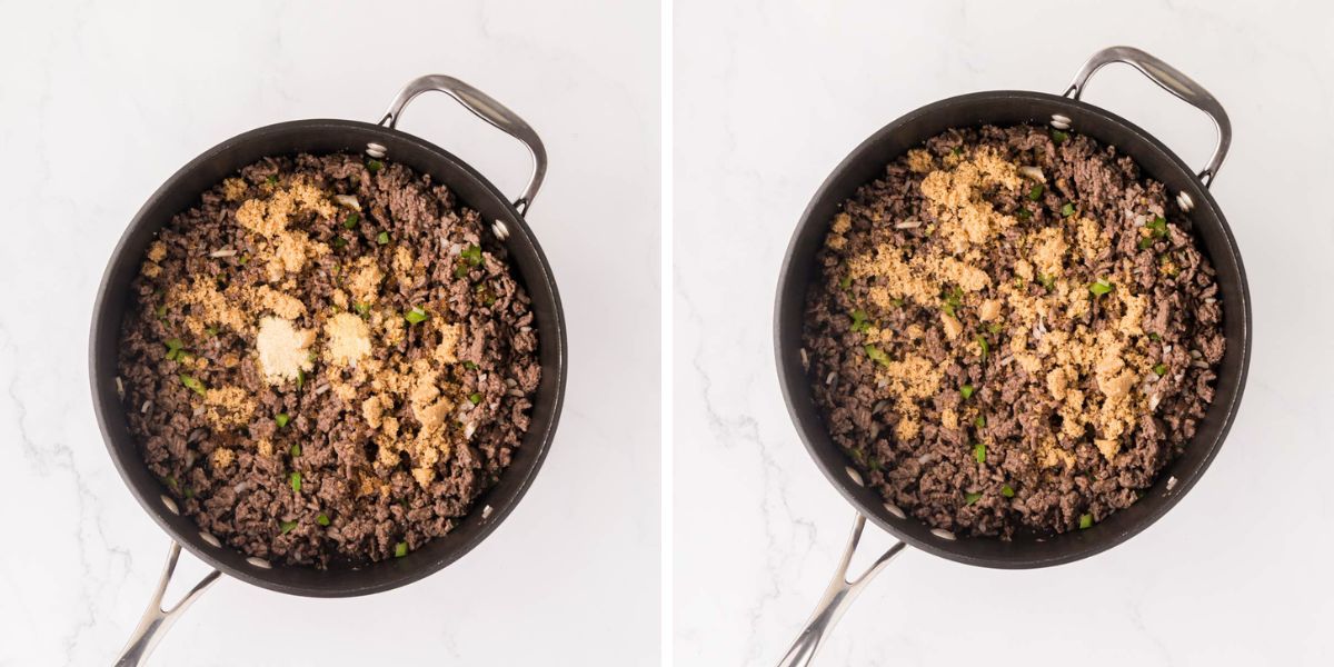 Adding brown sugar and spices to ground beef mixture in skillet.