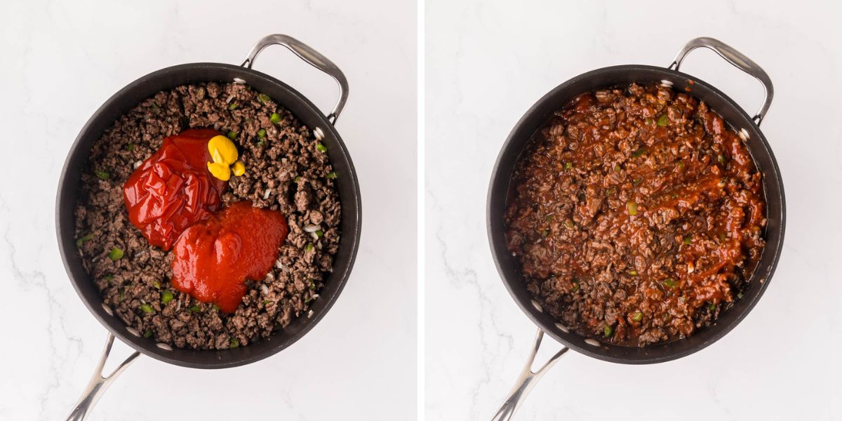 Adding ketchup and mustard to make the sloppy joe sauce.