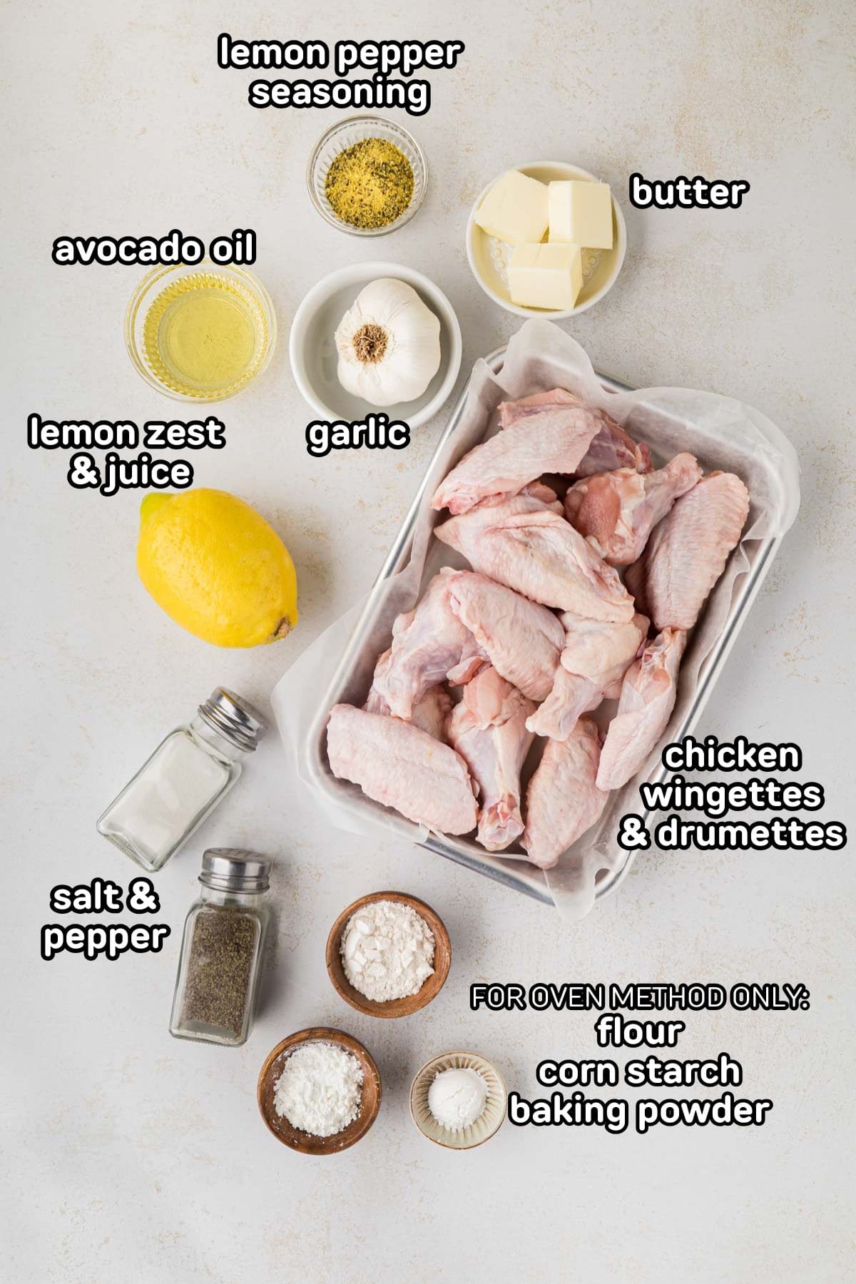 A labeled image of ingredients needed to make lemon pepper chicken wings in the air fryer or oven.