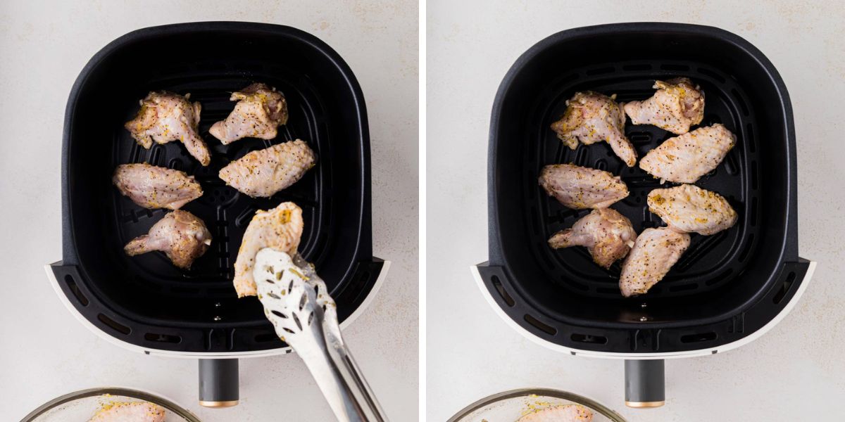 Adding chicken wings to the air fryer.