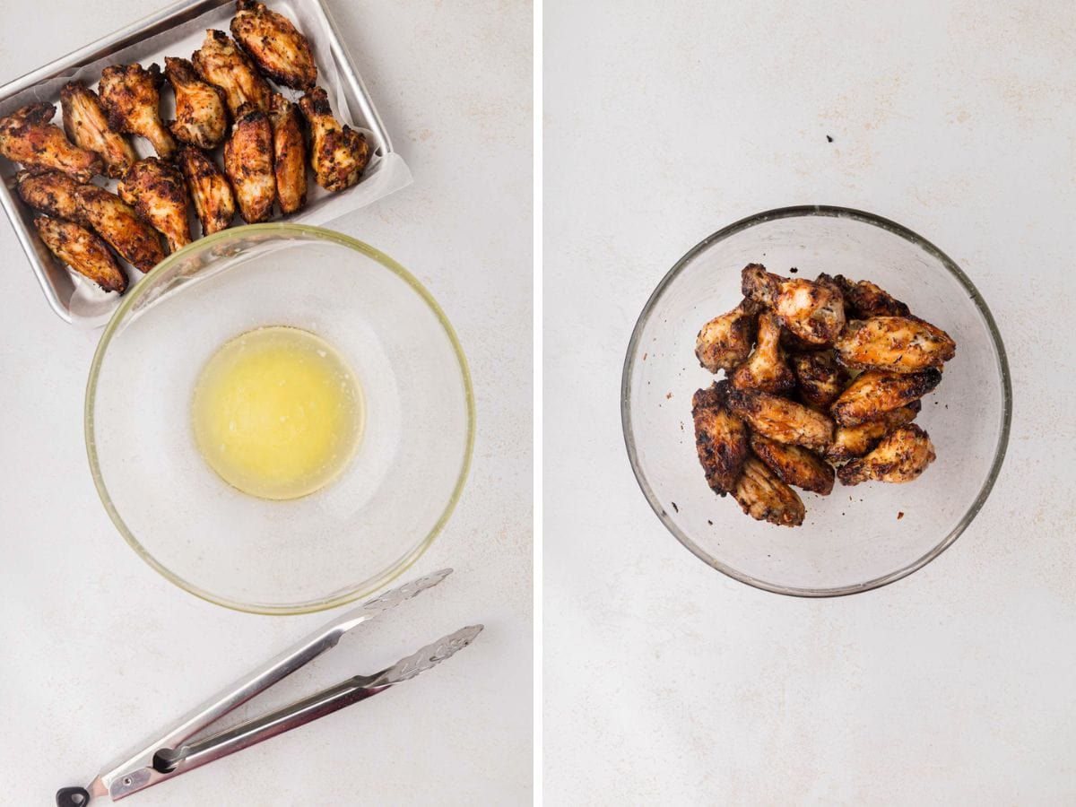 Lemon butter sauce with air fryer wings tossed to coat.