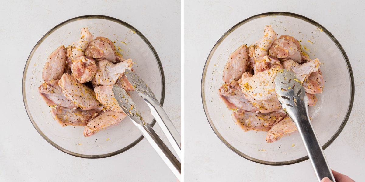 Chicken wings with no flour for the air fryer tossed in lemon pepper oil mixture.