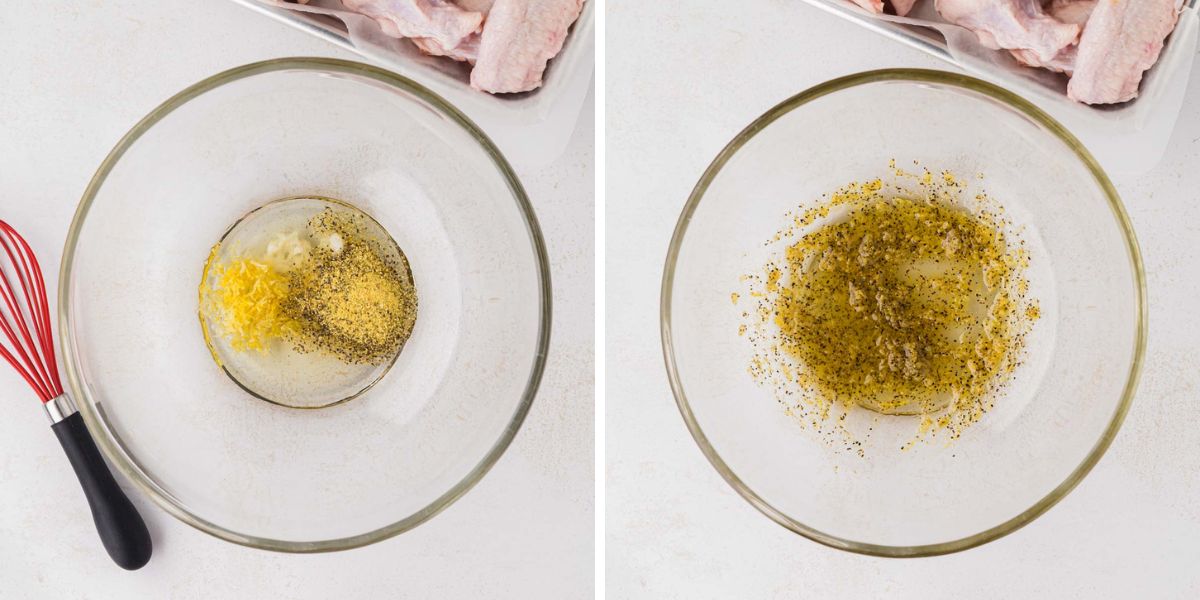 Lemon pepper and oil mixture in a bowl.