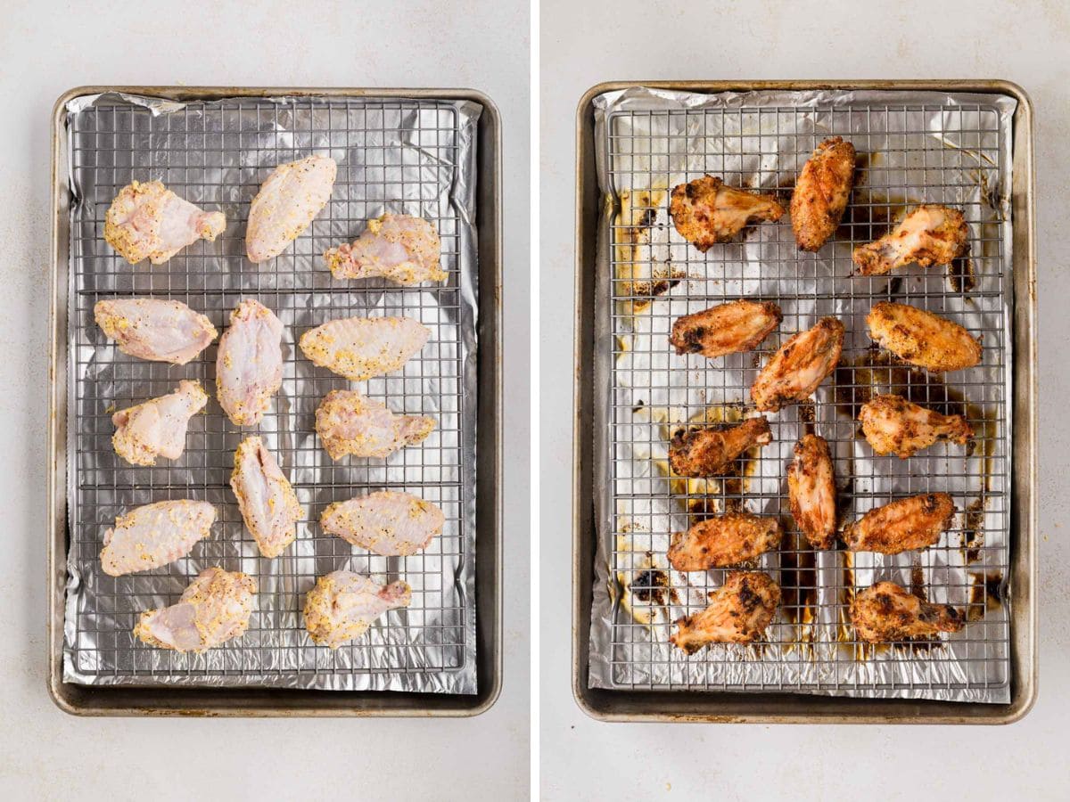 Lemon pepper wings placed on a baking rack to bake the oven.