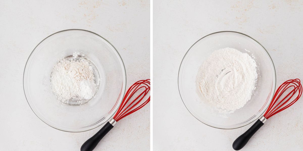 A glass bowl with flour, cornstarch, and baking powder mixture.