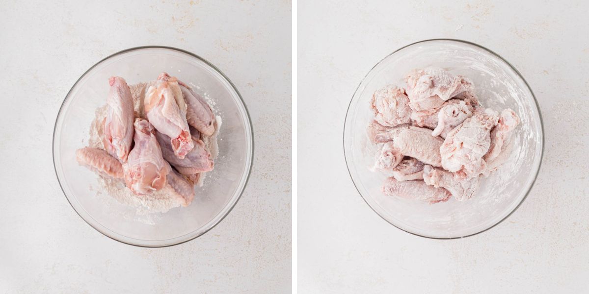 Tossing chicken wings in flour mixture.