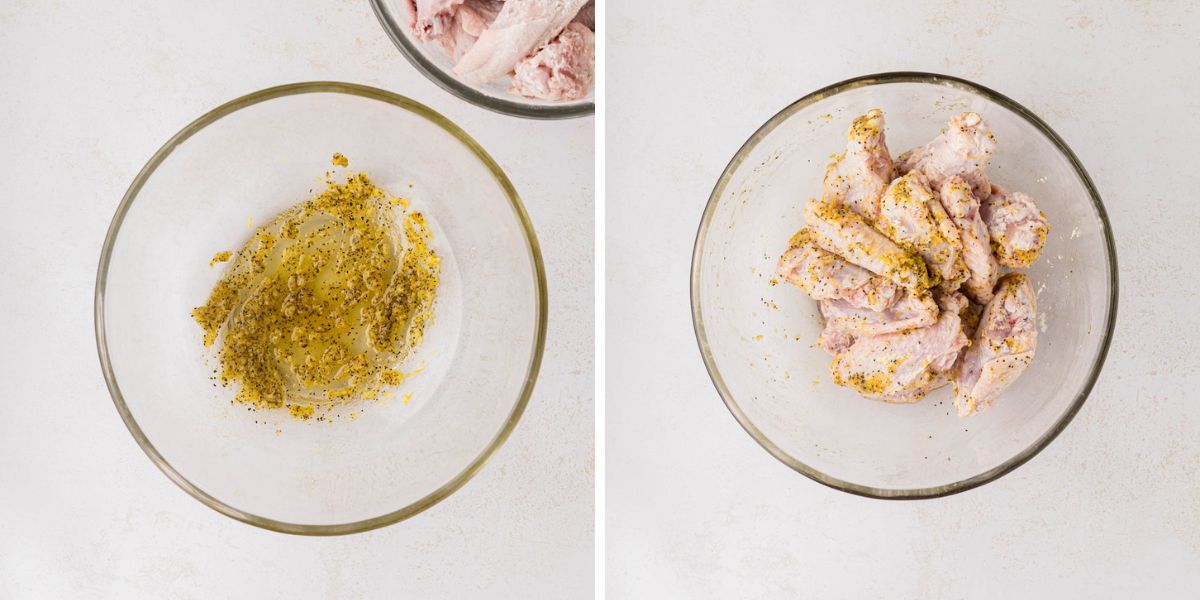 Flour coated wings tossed in lemon pepper oil mixture for the oven.