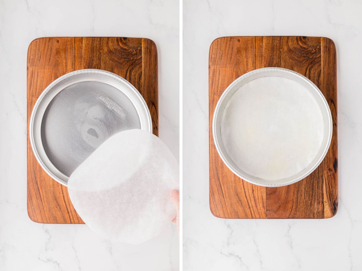 A round cake pan with parchment paper round in the bottom.