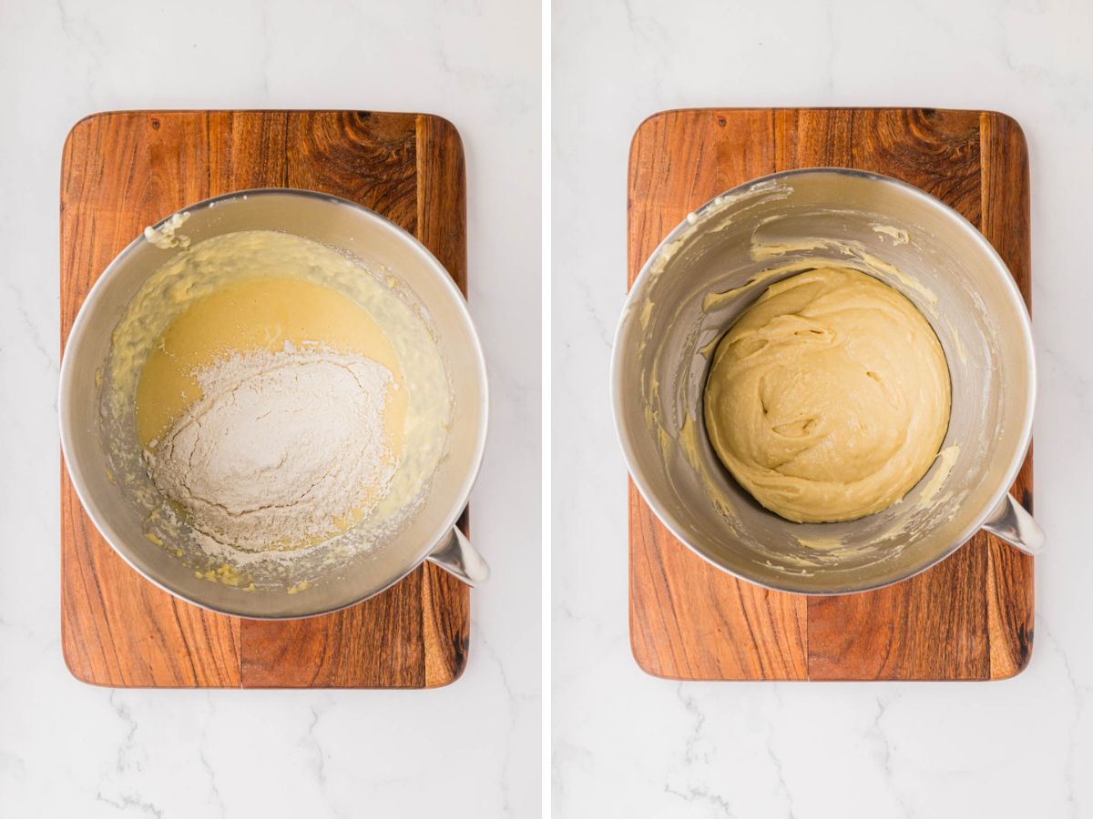 Remaining flour added to finish cake batter.