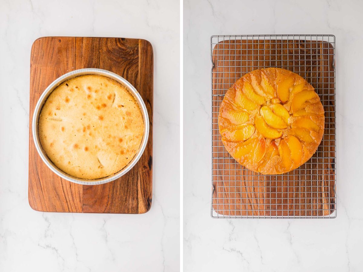 Side-by-side image of cake baked and one when inverted upside down.