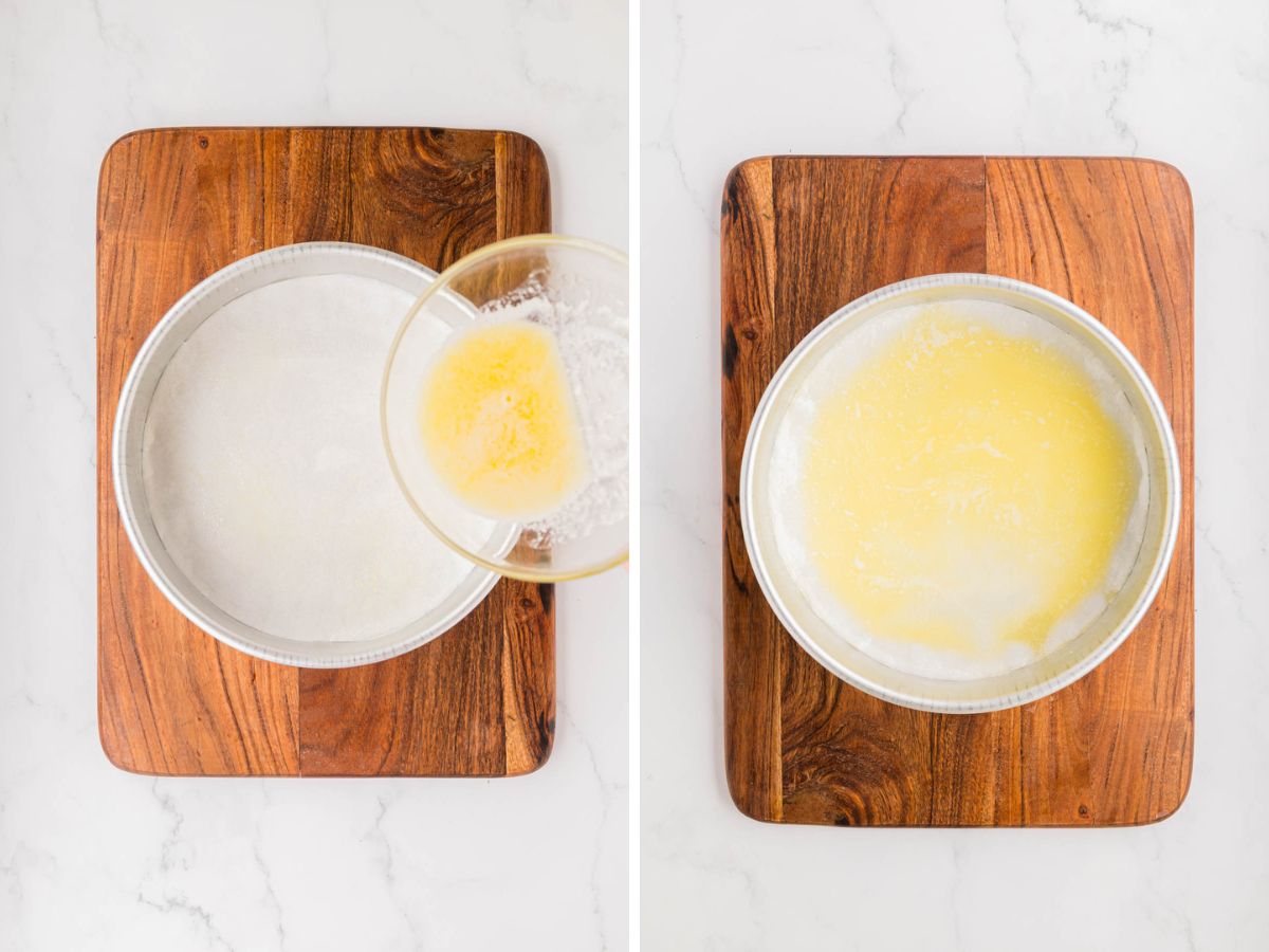 Pouring melted butter into bottom of cake pan.