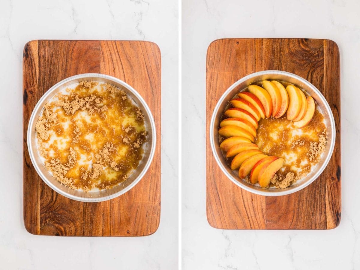 A side-by-side image of brown sugar added to the bottom of the cake pan and then slices of peach peaches added in on top of sugar.