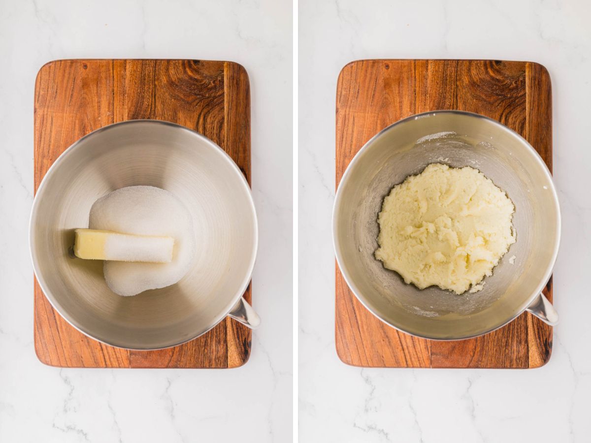 Creamed butter and sugar and a stand mixer bowl.