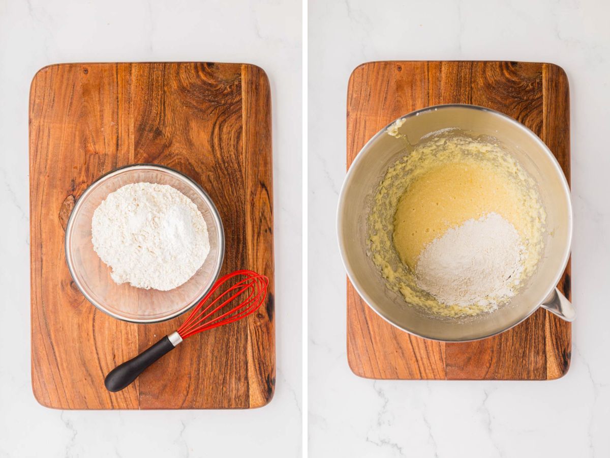 A side-by-side image of flower mixture, whisk together in a bowl, and then part of the mixture poured into the wet ingredients.