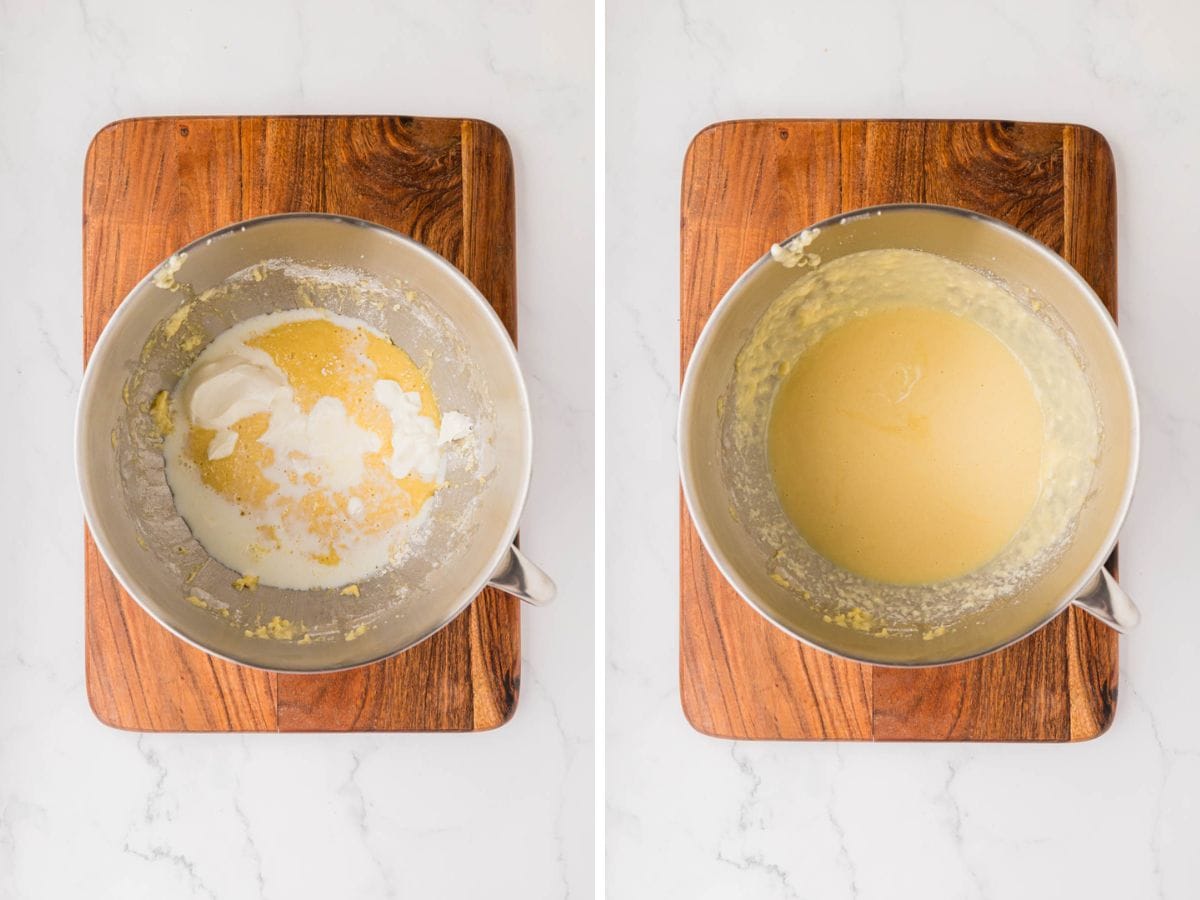 Milk and sour cream added to the stand mixer and mix to incorporate into batter.