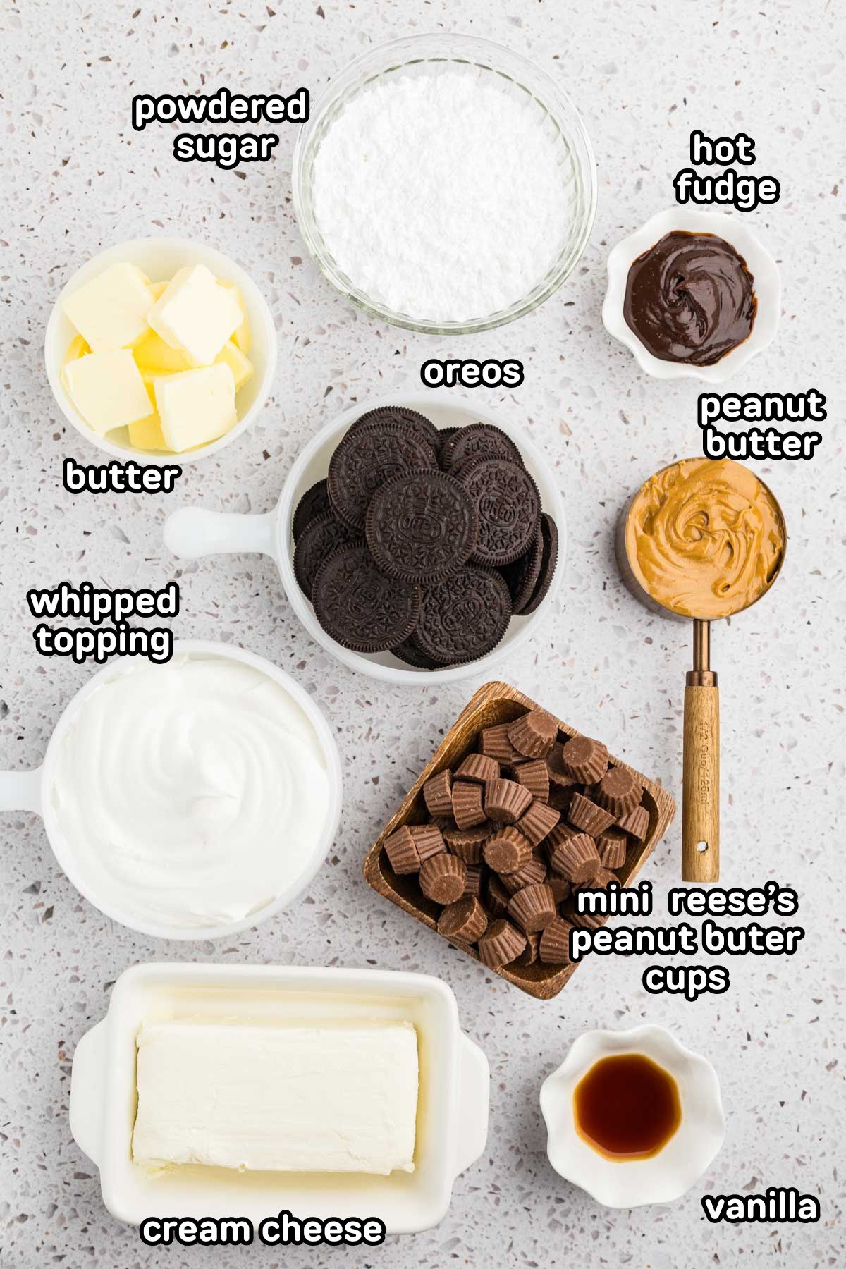 Labeled ingredients needed to make peanut butter cup pie.