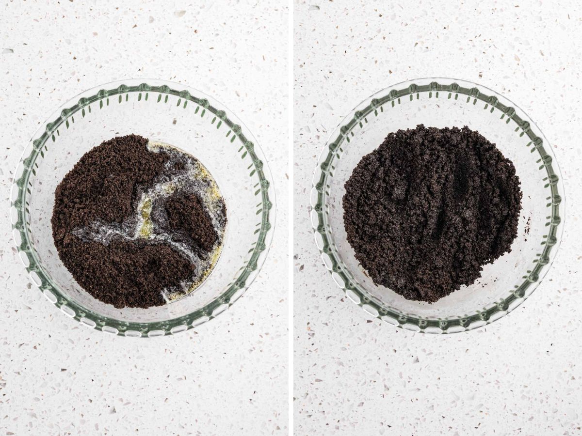 Oreo crumbs and melted butter in a bowl.