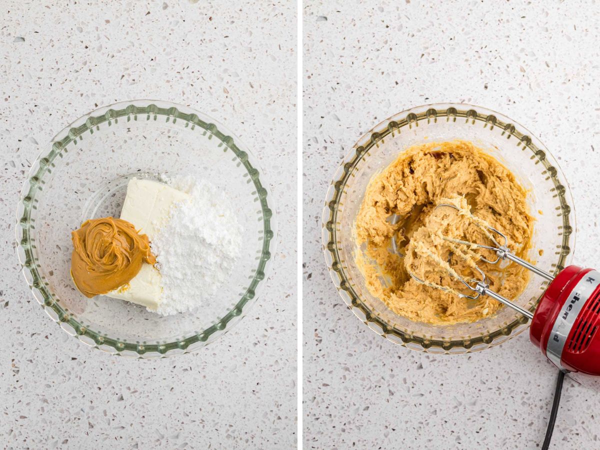 Side by side image of cream cheese, powdered sugar,  and peanut butter in a bowl and then beaten to combine.