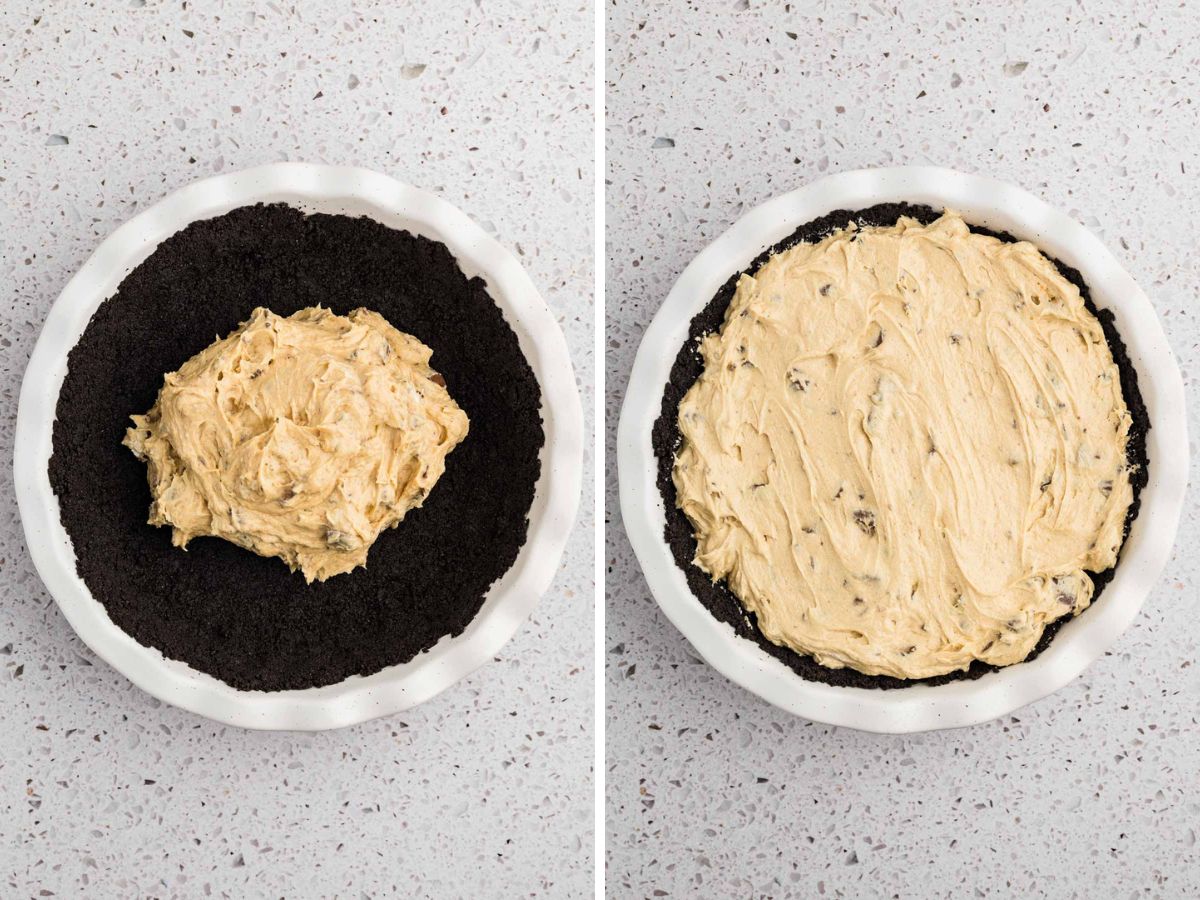 Peanut butter cup filling added to pie crust.