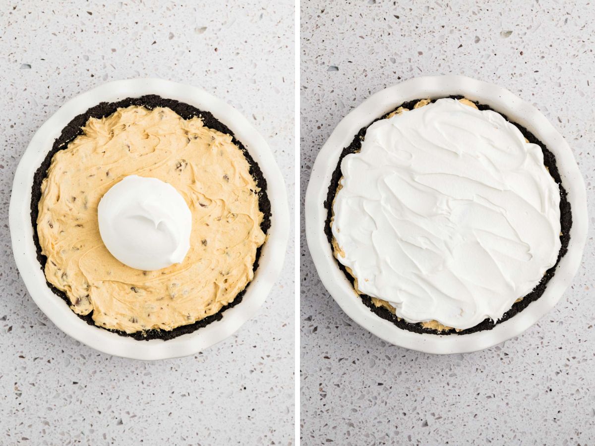 Cool whip topping layer added to pie.