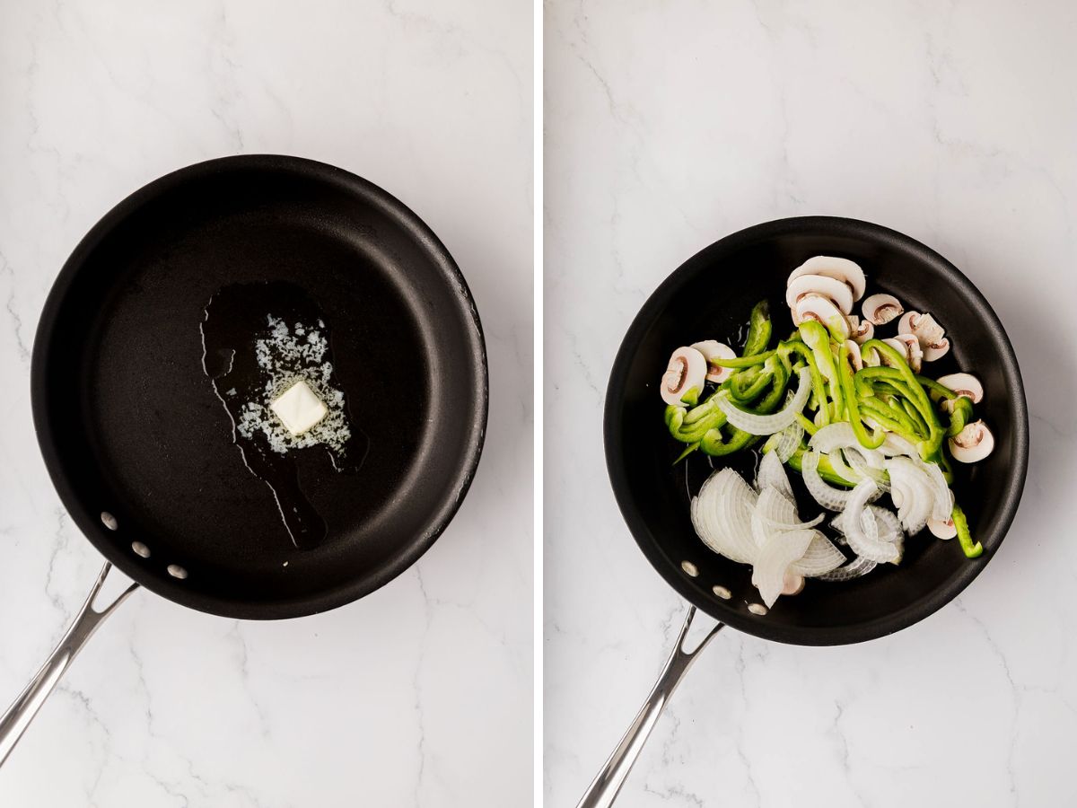 Side-by-side image of butter and a skillet with sliced onions, green pepper, and mushrooms added.