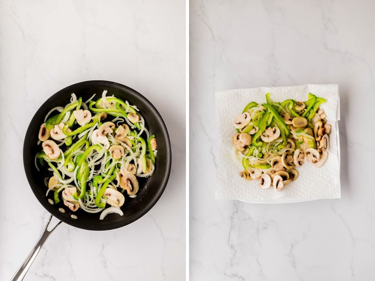 Side-by-side image of sautéed veggies and then move to a paper towel to drain off extra grease.