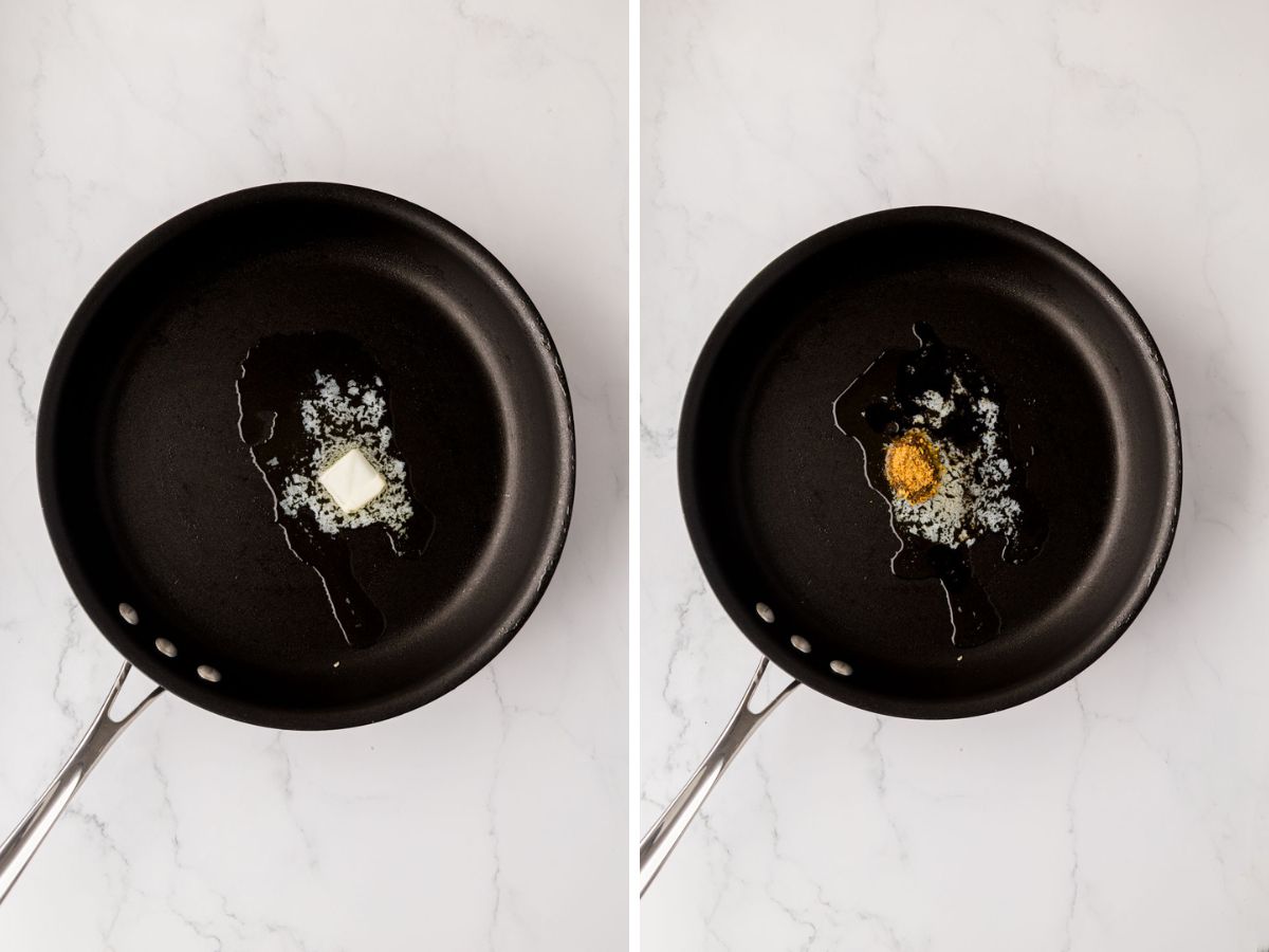 A skillet with melted butter, garlic, and seasonings, added.