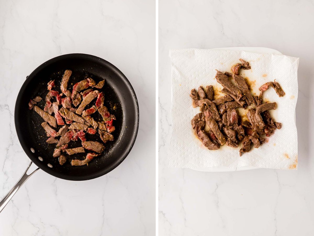 A side-by-side image of steak slices sautéed in a skillet and then move to a paper towel line plate to drain off excess grease.