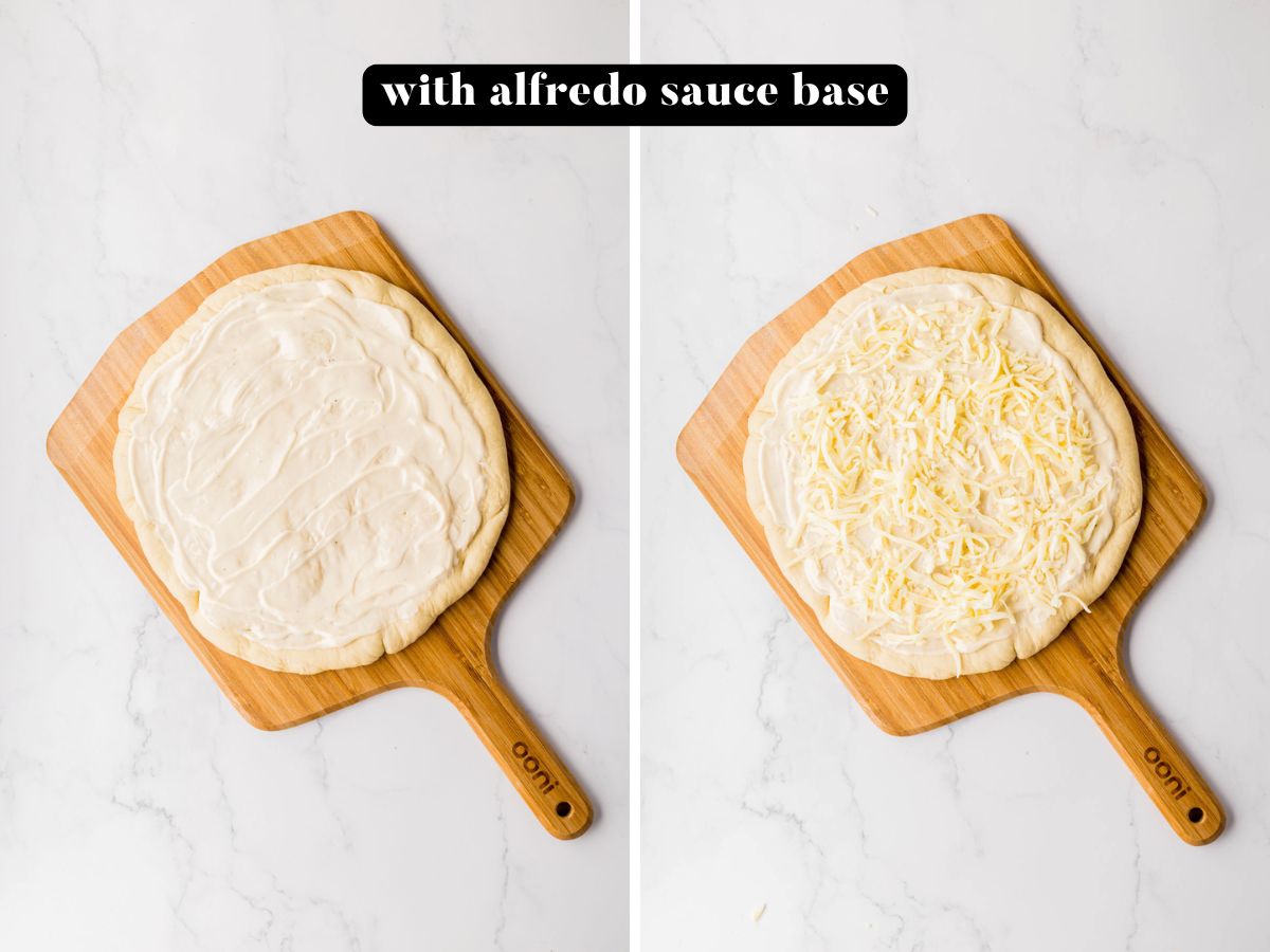 A pizza dough topped with alfredo sauce base and cheese.