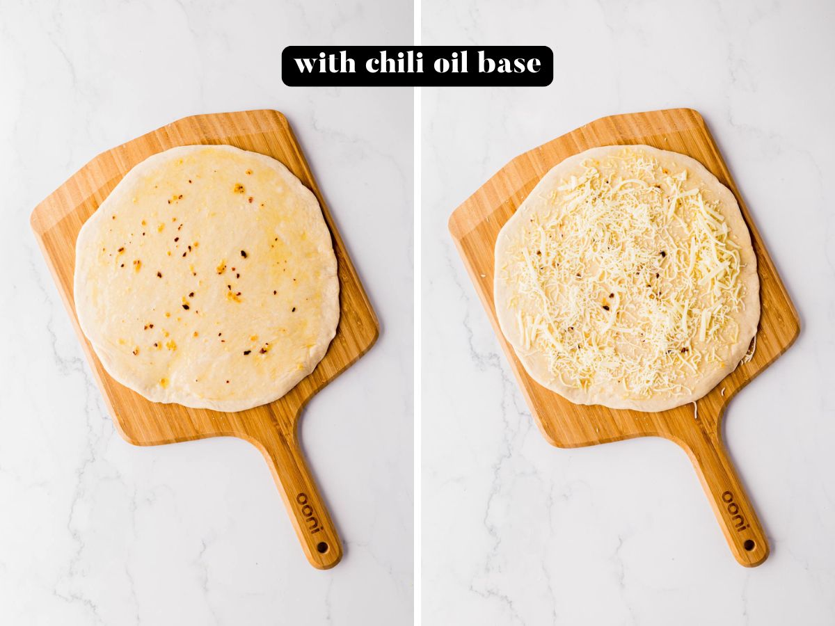 A pizza dough topped with chili olive oil base and cheese.