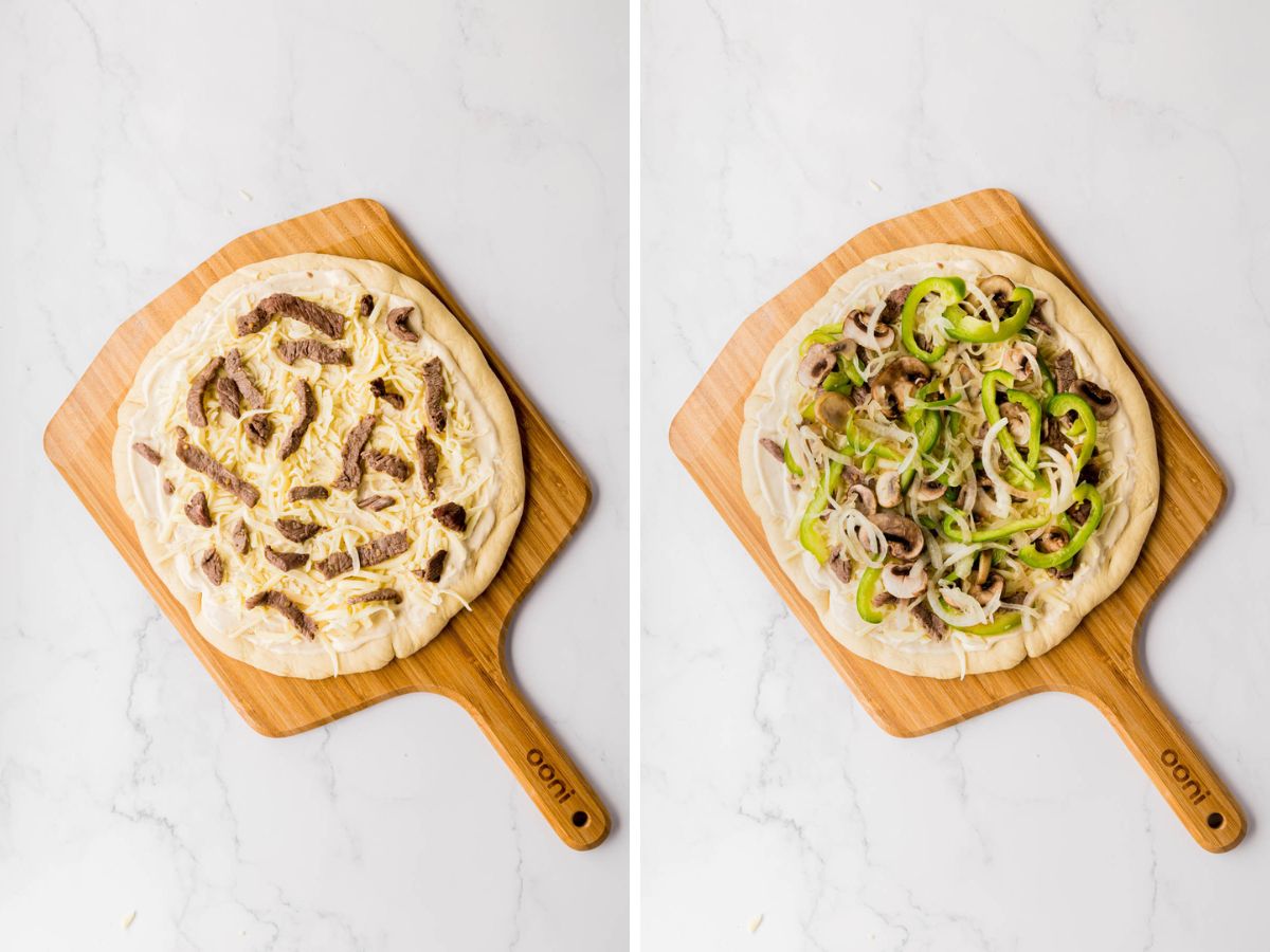  side-by-side image showing steak, added two pizzas and then veggies on top.