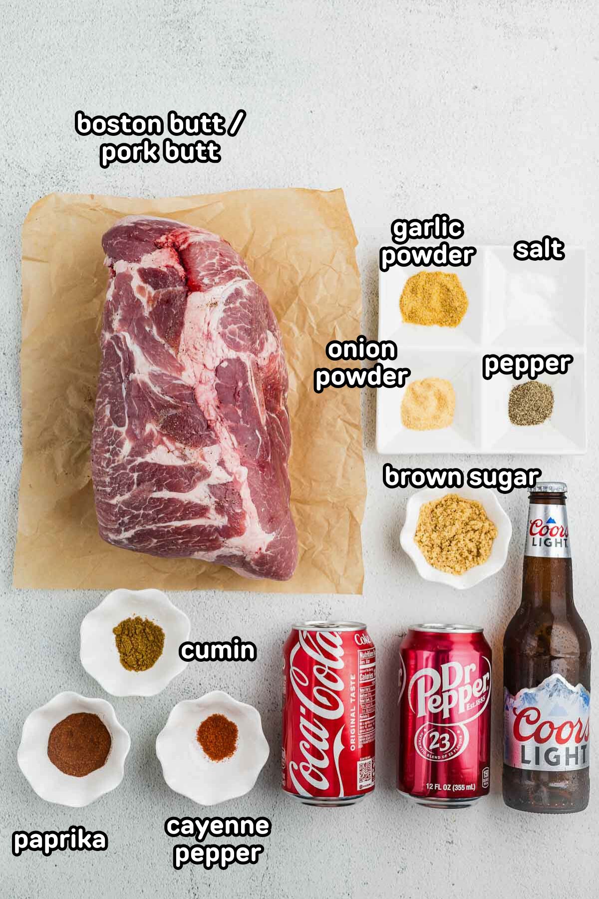 A labeled image of ingredients needed to make pulled pork in the slow cooker.