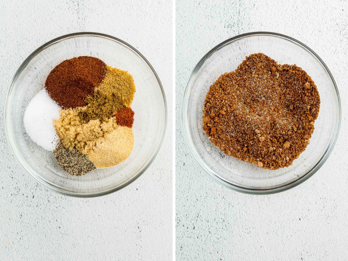 A side by side image of a bowl with seasoning and then mixed.