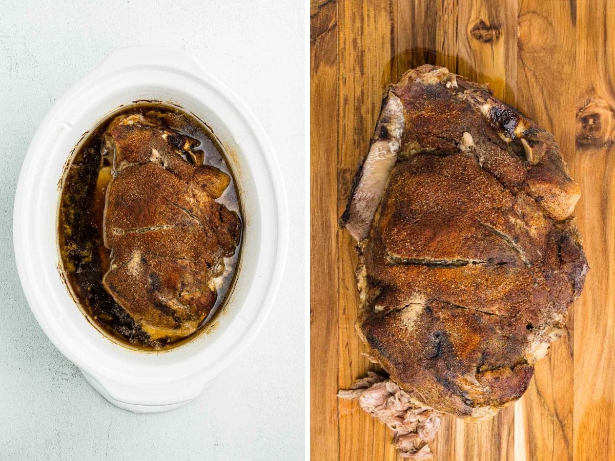 A side-by-side image of cooked pork roast in slow cooker and then move to a cutting board.