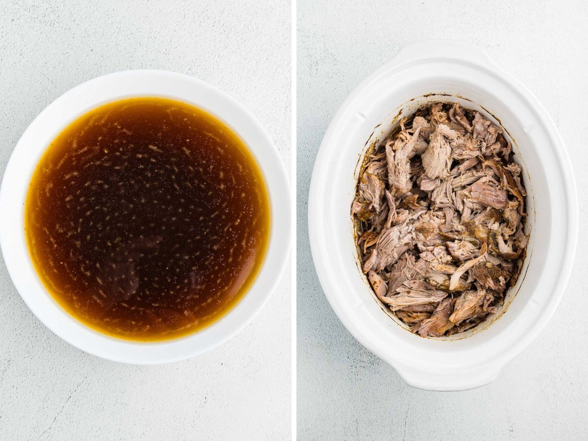 A side-by-side image of strained liquids in a bowl and then shredded pork added back to the slow cooker.