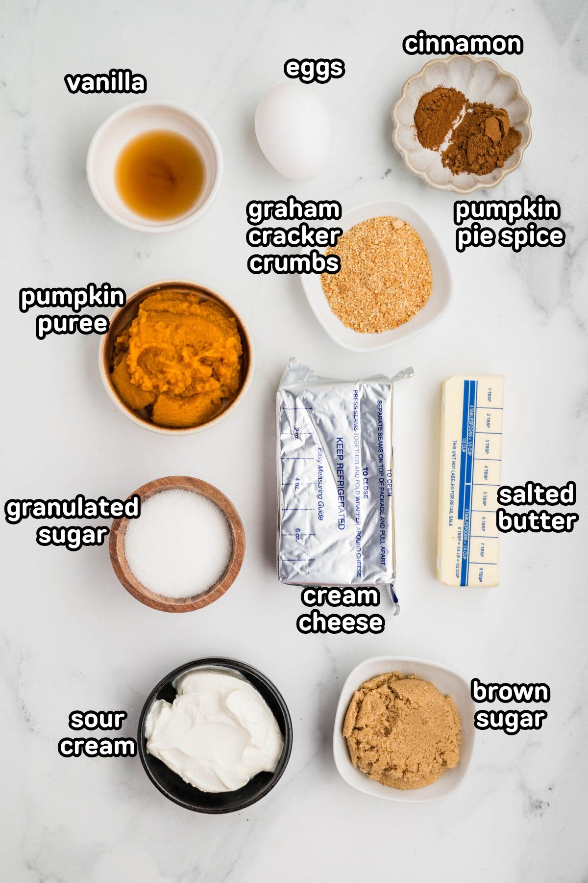 Labeled photo of ingredients needed to make pumpkin cheesecake bars.