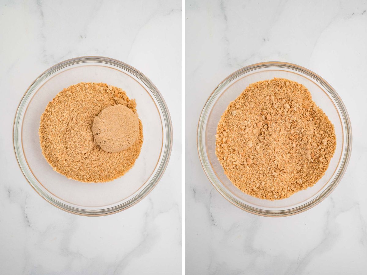 Side by side photos of adding sugar to the graham cracker crumbs.