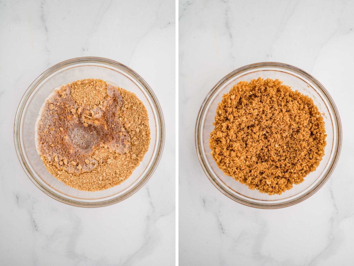 Adding melted and browned butter to the graham cracker crumbs.