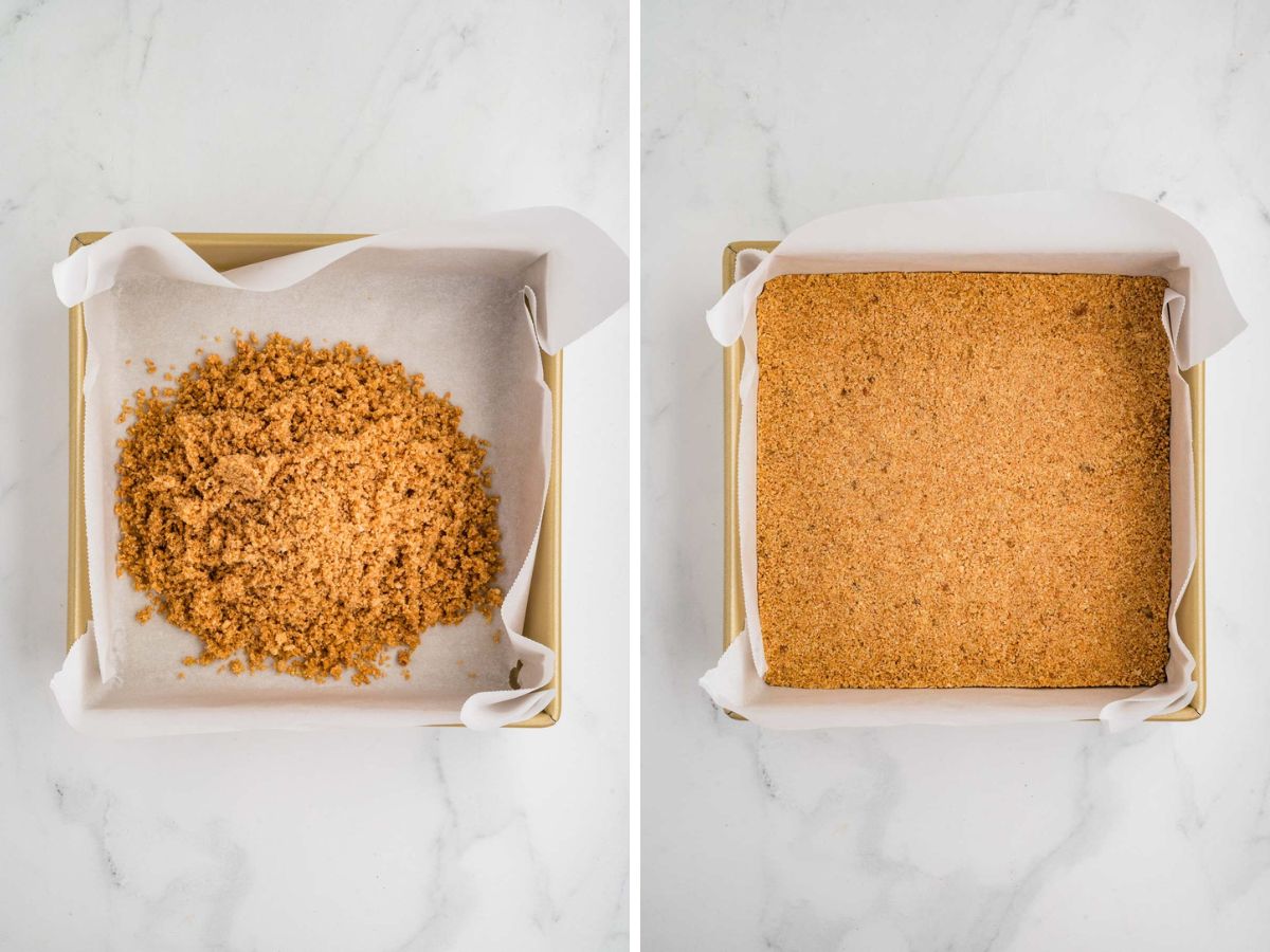 Side bye side photos of pressing the graham cracker crust into the baking dish.