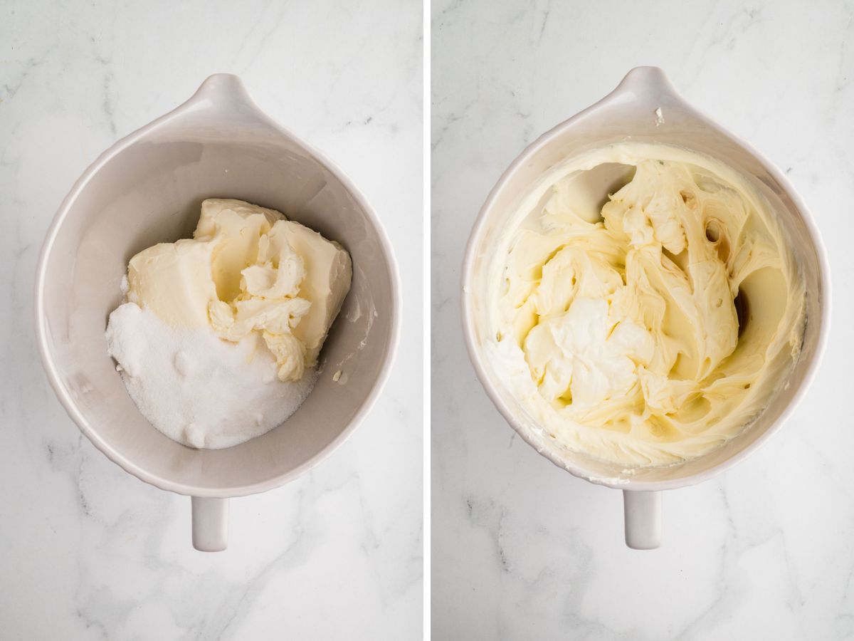 Mixing the sugar with cream cheese in a large mixing bowl.