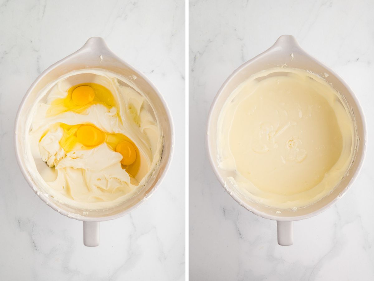 Adding eggs to the cream cheese mixture in a mixing bowl.