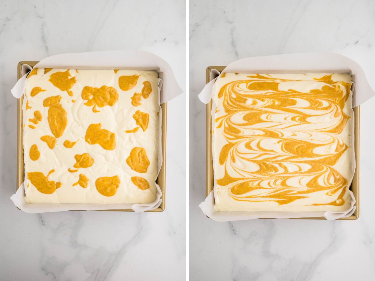 Placing the cheesecake mixtures in the baking dish and swirling the pumpkin layer on top.