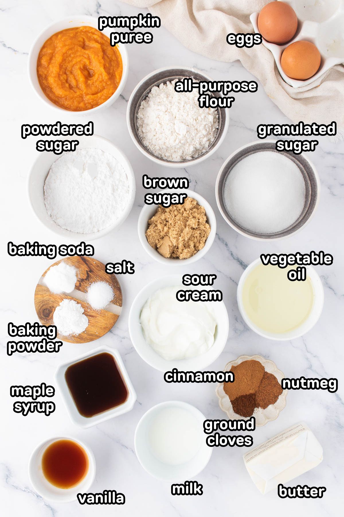 Labeled photo of ingredients needed to make pumpkin coffee cake.
