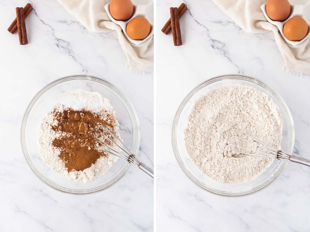 Side by side photos of mixing dry ingredients and spices together.