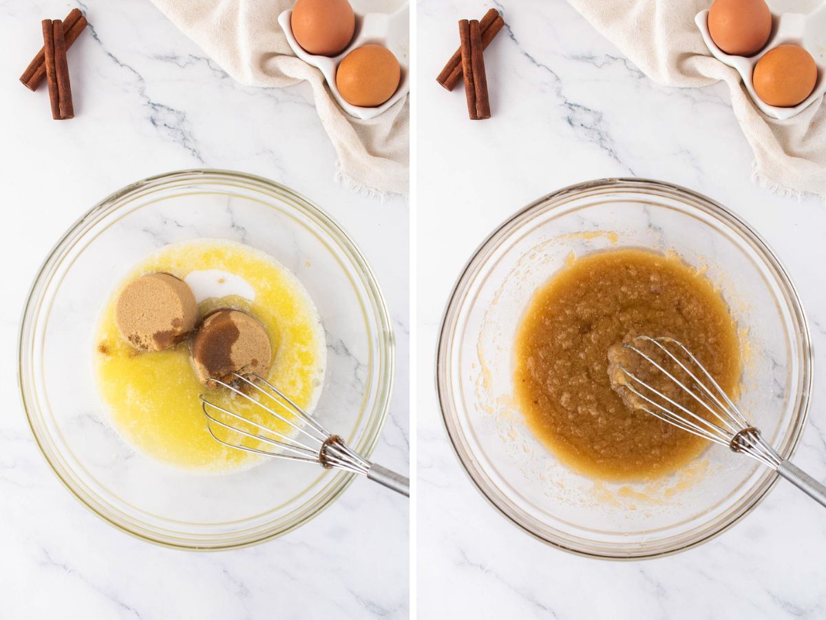 Side by side photos of whisking melted butter and sugars together.