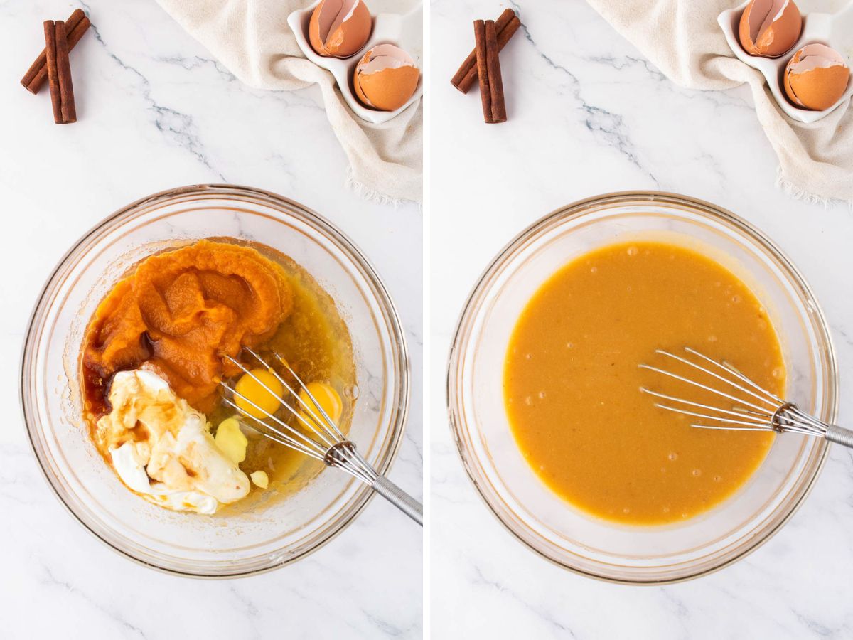 Side by side photos of adding eggs, pumpkin, and sour cream to wet ingredients.