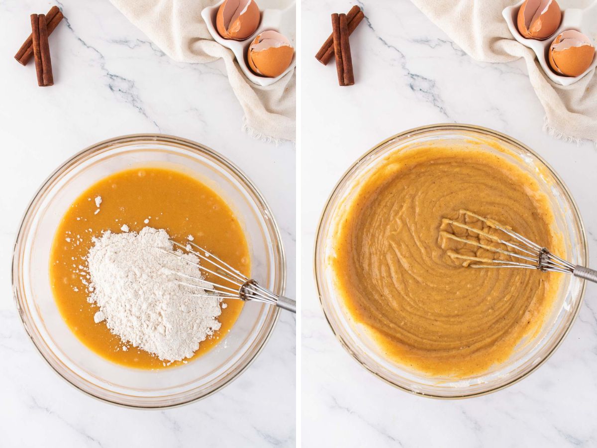 Side by side photos of whisking the dry ingredients into the wet ingredients.