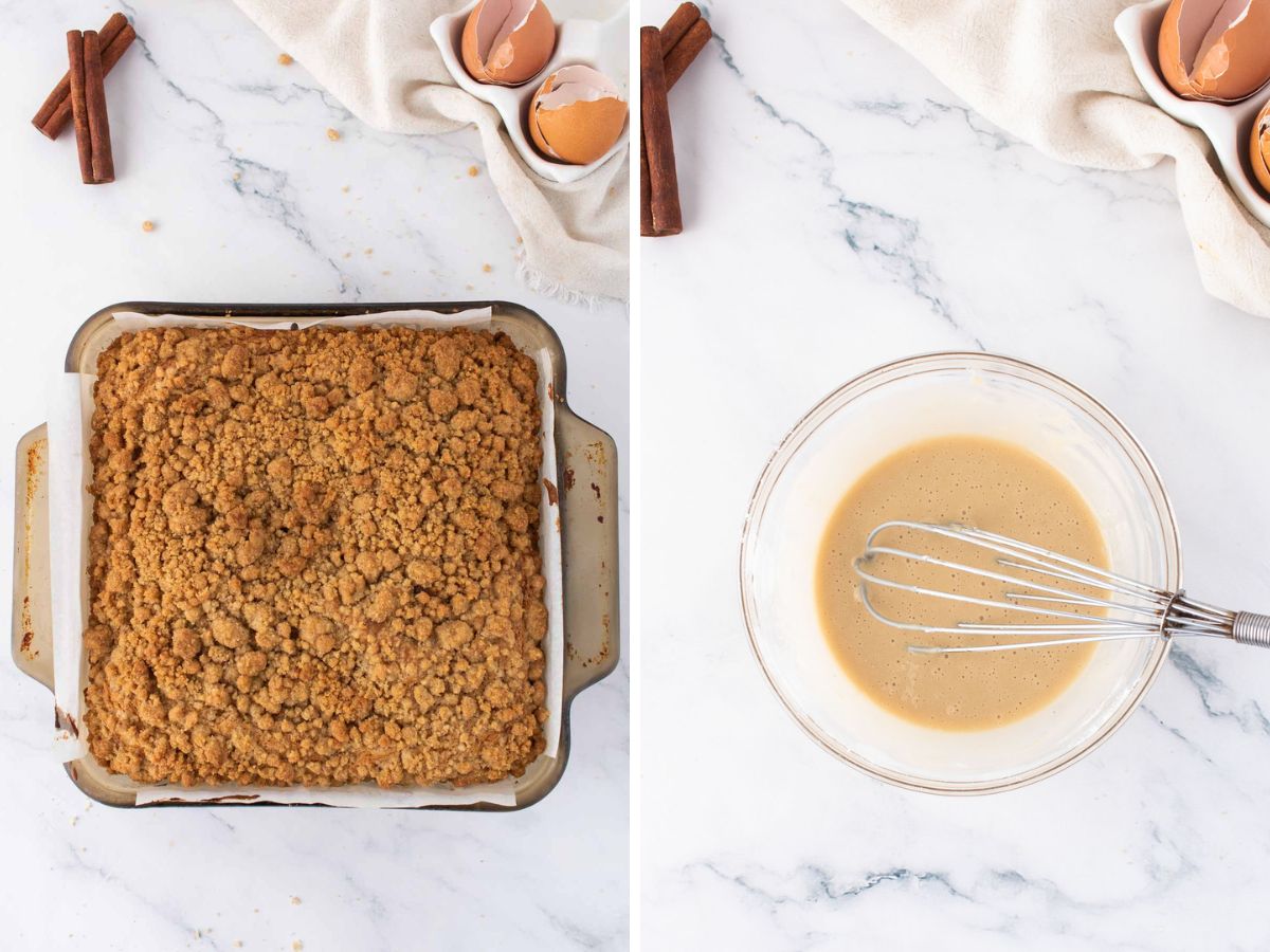 Baked pumpkin coffee cake next to a photo of the glaze in a bowl.