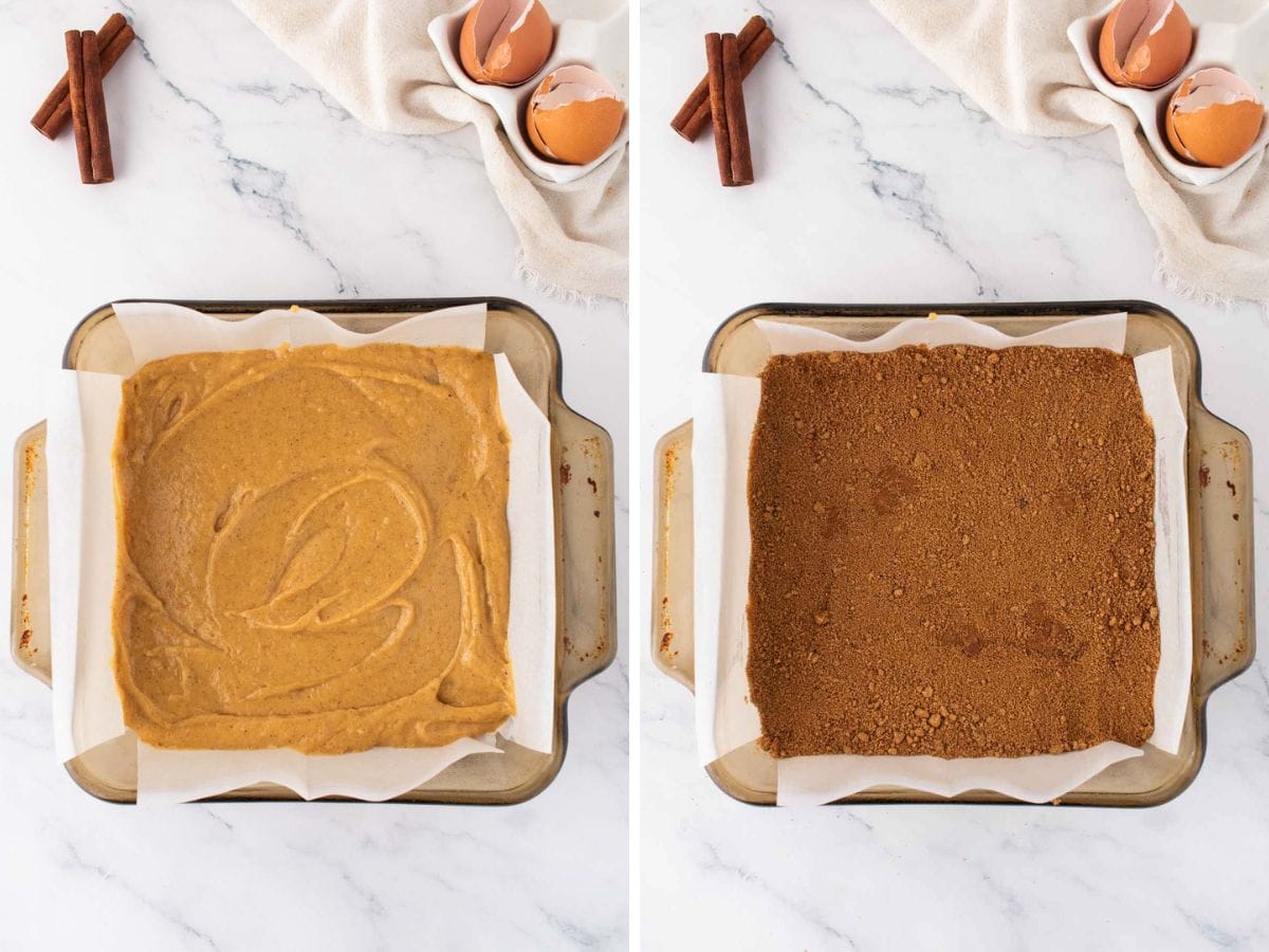 Layering half of the coffee cake batter and a layer of cinnamon and brown sugar on top.
