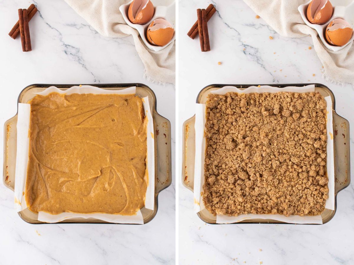 Adding the remaining coffee cake batter to the baking dish and topping with streusel topping.